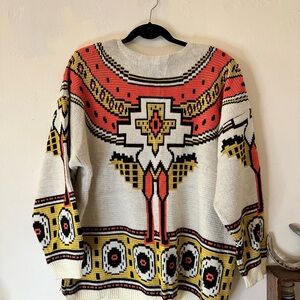 Vintage Original Venezia Cream Sweater with Coral and Mustard Geometric Pattern